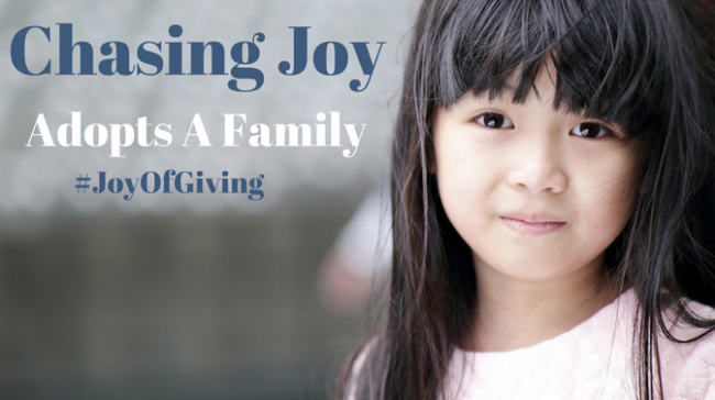 Help Chasing Joy Adopt A Family for Giving Tuesday. The goal is to gift a family in need gift cards for a holiday meal, decor, and gift giving.  #JoyofGiving