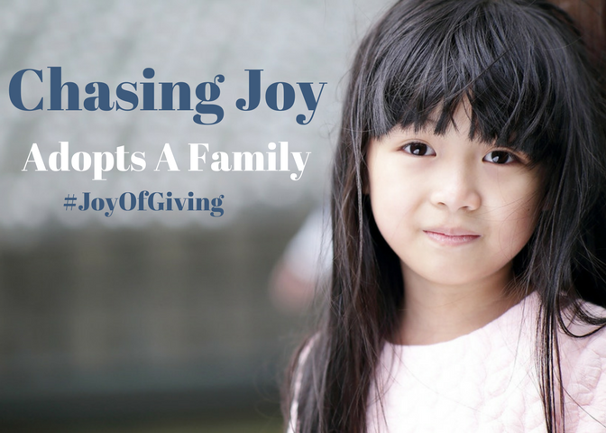 Help Chasing Joy Adopt A Family for Giving Tuesday. The goal is to gift a family in need gift cards for a holiday meal, decor, and gift giving.  #JoyofGiving